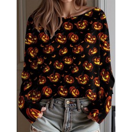 Plus Size - Women'S Fashion Off-the-Shoulder, One-Shoulder, and Boat Neck Sweaters-Personalized oversized sweater Women'S Gothic Style Pink and Black Skull Print Sweater- Long Sleeve Loose Breathable Top with Ruffled Collar