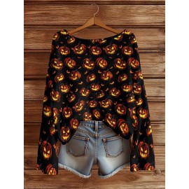 Plus Size - Women'S Fashion Off-the-Shoulder, One-Shoulder, and Boat Neck Sweaters-Personalized oversized sweater Women'S Gothic Style Pink and Black Skull Print Sweater- Long Sleeve Loose Breathable Top with Ruffled Collar