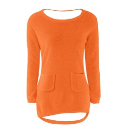 Plus Size, Orange Women's Fashion Long Sleeve Pullovers Tops Crew Neck Loose Fluffy Fuzzy Jumper Sweaters with Pockets