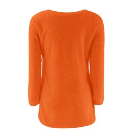 Plus Size, Orange Women's Fashion Long Sleeve Pullovers Tops Crew Neck Loose Fluffy Fuzzy Jumper Sweaters with Pockets