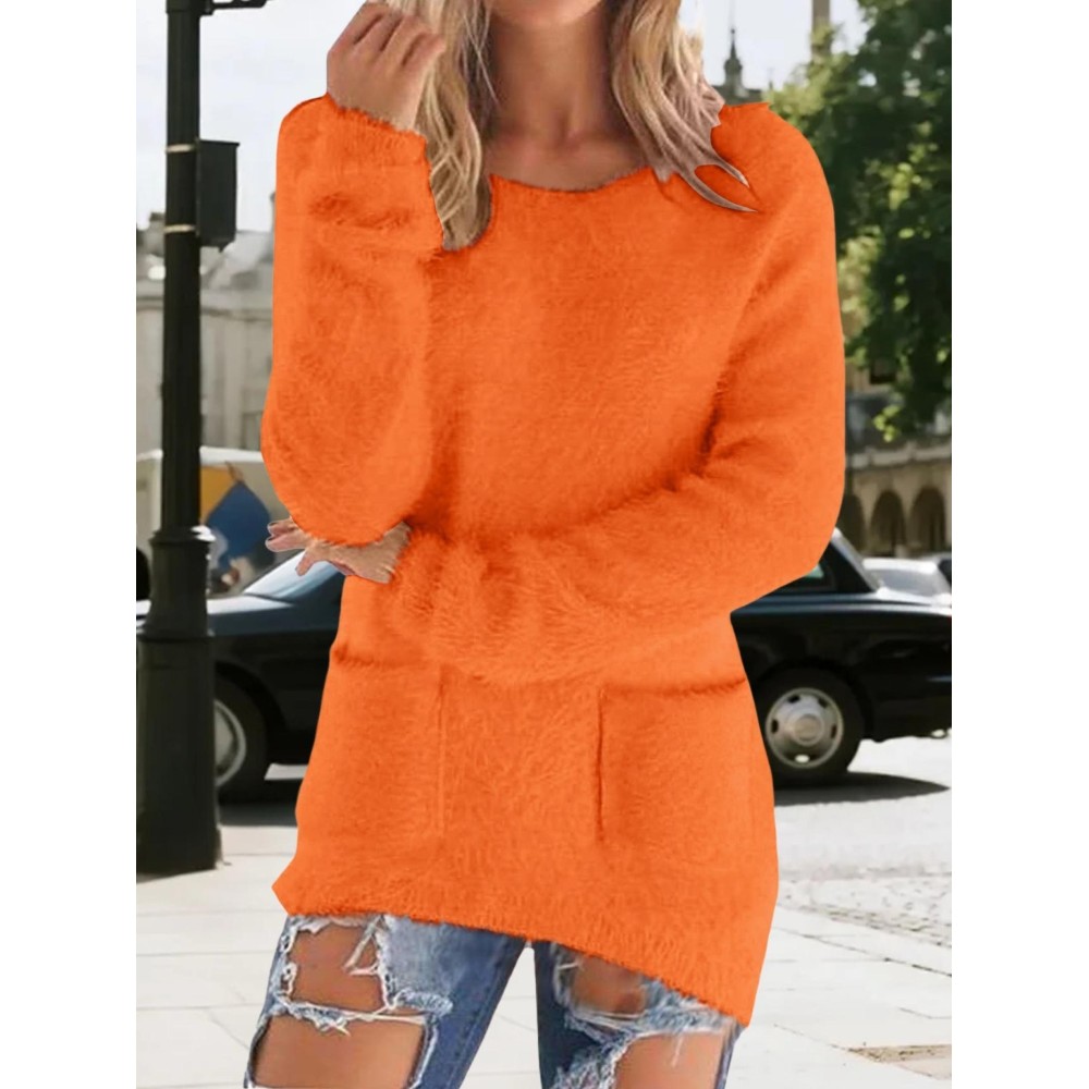 Plus Size, Orange Women's Fashion Long Sleeve Pullovers Tops Crew Neck Loose Fluffy Fuzzy Jumper Sweaters with Pockets
