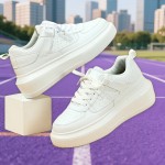 Couple Style Fashion Versatile White Shoes | Korean Version Height-Increasing Thick-Soled Casual Sports Shoes, Soft-Soled Shock-Absorbing Outdoor Walking Shoes, Lace-up Closure, Plain Toe, Solid Color, Low Top, Suitable for Spring, Women Shoes
