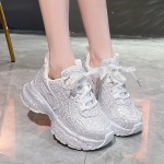 New Sparkly Crystal Platform Sneakers | Comfortable Casual Women'S Shoes, Party Wedding Date Night Glitter Walking Shoes, Non-Slip Soft Sole Glow in The Dark Shoes, Korean Instagram Style Women'S Flats, Lace-up Closure, Round Toe, Fabric Upper
