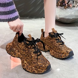 New Sparkly Crystal Platform Sneakers | Comfortable Casual Women'S Shoes, Party Wedding Date Night Glitter Walking Shoes, Non-Slip Soft Sole Glow in The Dark Shoes, Korean Instagram Style Women'S Flats, Lace-up Closure, Round Toe, Fabric Upper