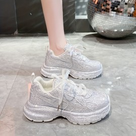 New Sparkly Crystal Platform Sneakers | Comfortable Casual Women'S Shoes, Party Wedding Date Night Glitter Walking Shoes, Non-Slip Soft Sole Glow in The Dark Shoes, Korean Instagram Style Women'S Flats, Lace-up Closure, Round Toe, Fabric Upper