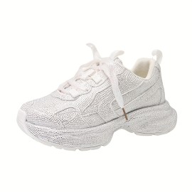 New Sparkly Crystal Platform Sneakers | Comfortable Casual Women'S Shoes, Party Wedding Date Night Glitter Walking Shoes, Non-Slip Soft Sole Glow in The Dark Shoes, Korean Instagram Style Women'S Flats, Lace-up Closure, Round Toe, Fabric Upper