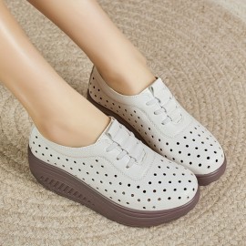 Women's Breathable Loafers Flat Shoes with Perforated Thick Sole, Fashionable Versatile Spring Summer Autumn All-Season Ladies' Height-Increasing Shoes, Women Shoes, Sneakers