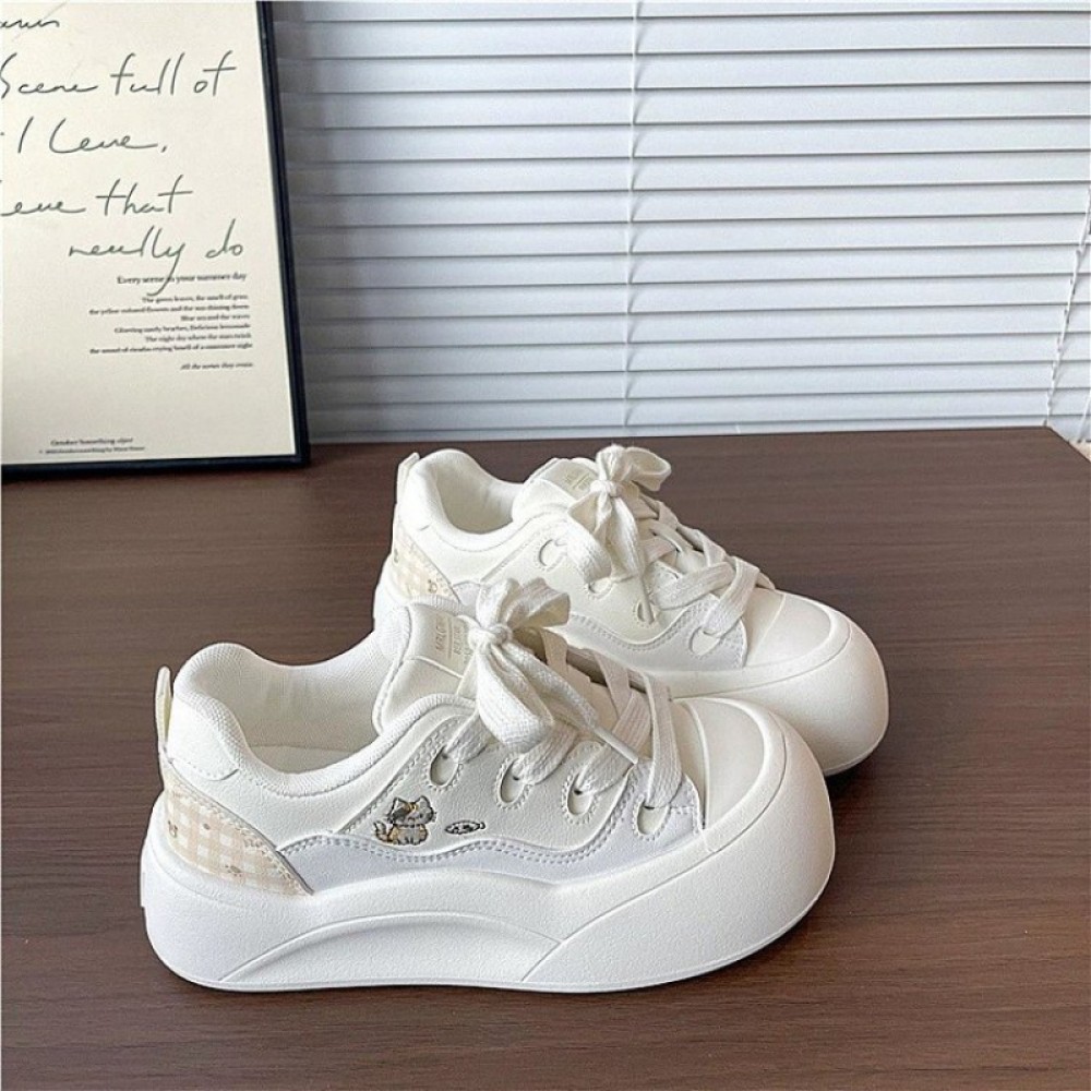 Ladies Color Block Thick Sole Height Increasing White Sneakers | Spring New Lightweight Versatile Student Casual Platform Shoes with Microfiber Upper, Rubber Sole, and Plush Lining, Women Shoes