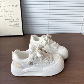 Ladies Color Block Thick Sole Height Increasing White Sneakers | Spring New Lightweight Versatile Student Casual Platform Shoes with Microfiber Upper, Rubber Sole, and Plush Lining, Women Shoes