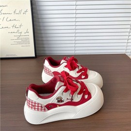 Ladies Color Block Thick Sole Height Increasing White Sneakers | Spring New Lightweight Versatile Student Casual Platform Shoes with Microfiber Upper, Rubber Sole, and Plush Lining, Women Shoes