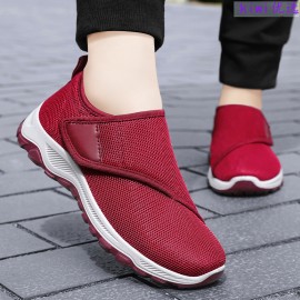 Spring Mesh Breathable Casual Middle-aged and Elderly Single Shoes Women | Low Top, Fabric Upper, Hook-and-loop Closure, Plain Toe, Solid Color, Superfine Fiber Inner, Rubber Insole, Sole, Women Shoes, Sneakers