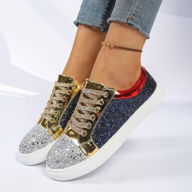 Women Plus Size Round Toe Thick Sole Casual Shoes | New European American Style, Lace-up Closure, Sequin Embellishment, Low Top, All-season, Polyurethane Upper, Mesh Inner, Fabric Insole, Rubber Sole, Women Shoes, Sneakers