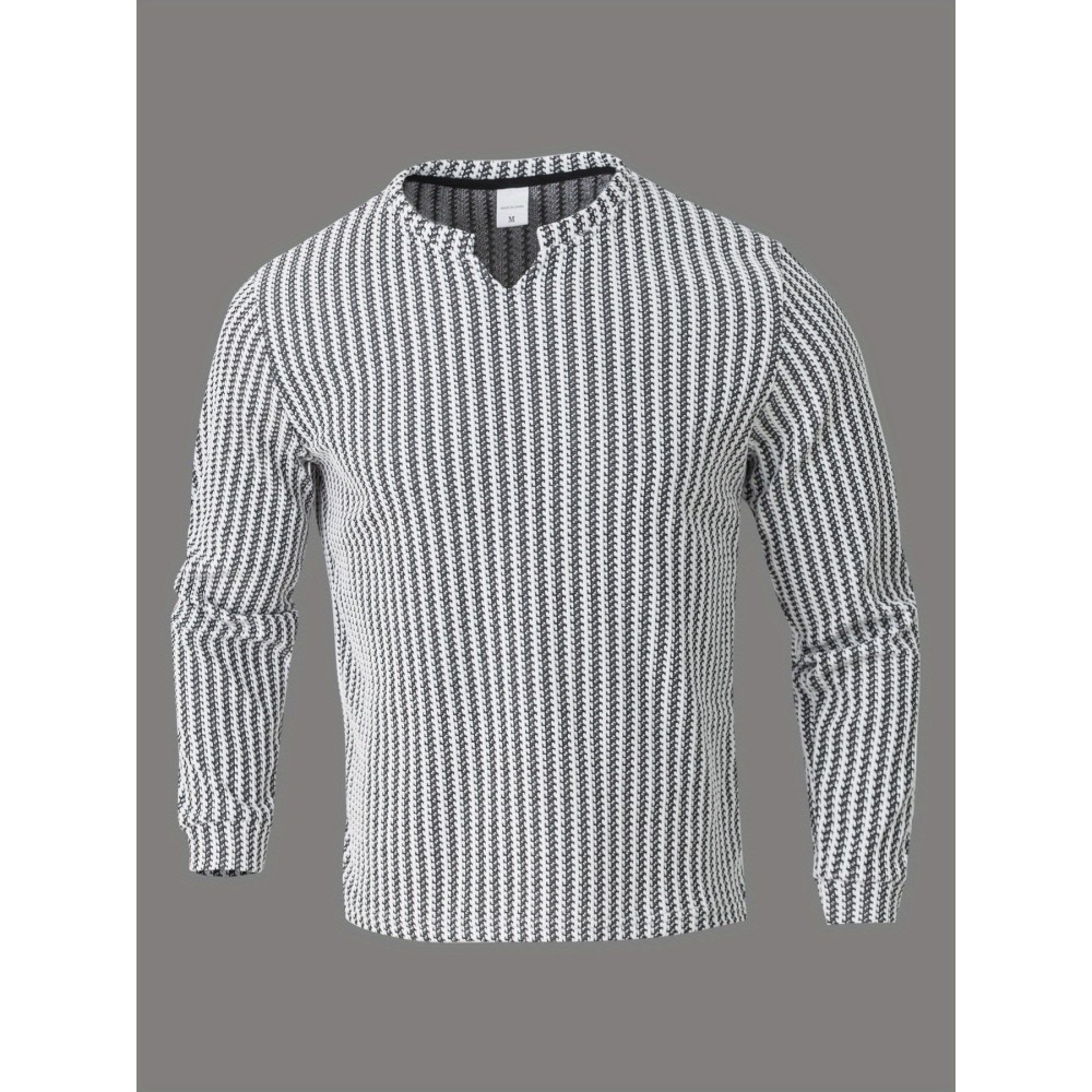 Men's Fashion Casual Long Sleeve Henley Shirt | Premium Houndstooth Jacquard Henley Collar T-Shirt | Notched V-Neck Design | Loose-Fit Comfortable Henley Tee | Essential Golf Wear | Breathable, Warm, and Skin-Friendly | for Indoor Gatherings and