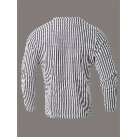 Men's Fashion Casual Long Sleeve Henley Shirt | Premium Houndstooth Jacquard Henley Collar T-Shirt | Notched V-Neck Design | Loose-Fit Comfortable Henley Tee | Essential Golf Wear | Breathable, Warm, and Skin-Friendly | for Indoor Gatherings and