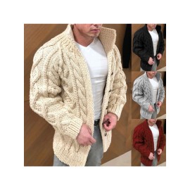 Autumn Winter New Men's Trendy Chunky Cable Jacquard Cardigan Stand Collar Long Sleeve Heavyweight Knit Sweater Warm Versatile Daily Commute Outerwear