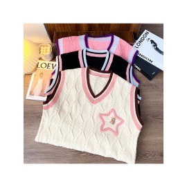 Men'S Velvet Knit Vests in a Collegiate Style, Available in Multiple Colors (Black / Cream / Pink) + Cable Knit Texture + V-Neck with Contrasting Trim + Unique Star Embellishments, a Couple'S Loose-Fitting Sweater Vest Suitable for Casual Campus Out