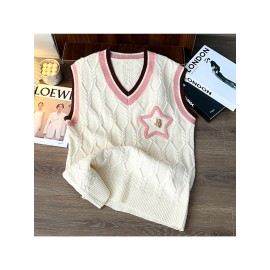 Men'S Velvet Knit Vests in a Collegiate Style, Available in Multiple Colors (Black / Cream / Pink) + Cable Knit Texture + V-Neck with Contrasting Trim + Unique Star Embellishments, a Couple'S Loose-Fitting Sweater Vest Suitable for Casual Campus Out