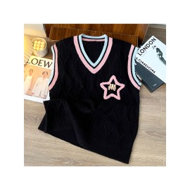 Men'S Velvet Knit Vests in a Collegiate Style, Available in Multiple Colors (Black / Cream / Pink) + Cable Knit Texture + V-Neck with Contrasting Trim + Unique Star Embellishments, a Couple'S Loose-Fitting Sweater Vest Suitable for Casual Campus Out