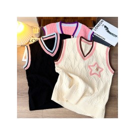Men'S Velvet Knit Vests in a Collegiate Style, Available in Multiple Colors (Black / Cream / Pink) + Cable Knit Texture + V-Neck with Contrasting Trim + Unique Star Embellishments, a Couple'S Loose-Fitting Sweater Vest Suitable for Casual Campus Out