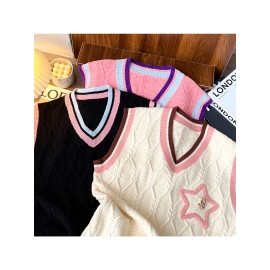 Men'S Velvet Knit Vests in a Collegiate Style, Available in Multiple Colors (Black / Cream / Pink) + Cable Knit Texture + V-Neck with Contrasting Trim + Unique Star Embellishments, a Couple'S Loose-Fitting Sweater Vest Suitable for Casual Campus Out