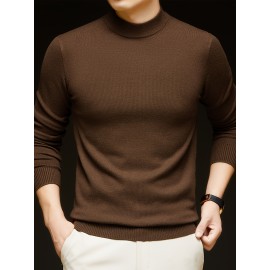 Men'S Casual Pullover Long-Sleeve Sweater for Spring And Autumn, Made of Velvet Blend, Versatile Solid Color, Featuring a Easy High-Neck Design, Knit