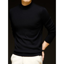 Men'S Casual Pullover Long-Sleeve Sweater for Spring And Autumn, Made of Velvet Blend, Versatile Solid Color, Featuring a Easy High-Neck Design, Knit
