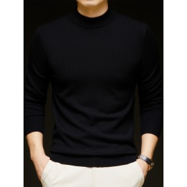 Men'S Casual Pullover Long-Sleeve Sweater for Spring And Autumn, Made of Velvet Blend, Versatile Solid Color, Featuring a Easy High-Neck Design, Knit