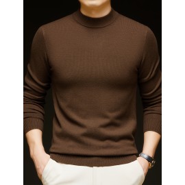 Men'S Casual Pullover Long-Sleeve Sweater for Spring And Autumn, Made of Velvet Blend, Versatile Solid Color, Featuring a Easy High-Neck Design, Knit