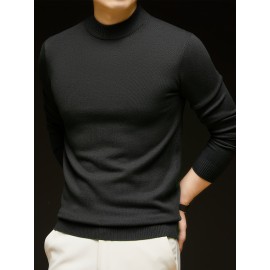 Men'S Casual Pullover Long-Sleeve Sweater for Spring And Autumn, Made of Velvet Blend, Versatile Solid Color, Featuring a Easy High-Neck Design, Knit