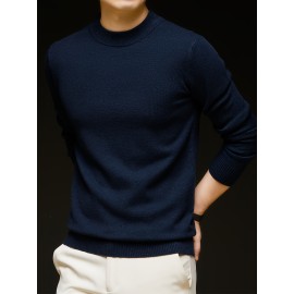 Men'S Casual Pullover Long-Sleeve Sweater for Spring And Autumn, Made of Velvet Blend, Versatile Solid Color, Featuring a Easy High-Neck Design, Knit