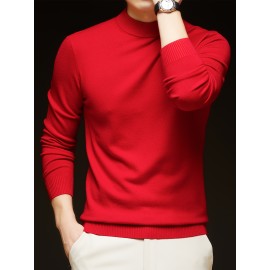 Men'S Casual Pullover Long-Sleeve Sweater for Spring And Autumn, Made of Velvet Blend, Versatile Solid Color, Featuring a Easy High-Neck Design, Knit