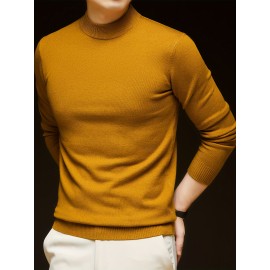 Men'S Casual Pullover Long-Sleeve Sweater for Spring And Autumn, Made of Velvet Blend, Versatile Solid Color, Featuring a Easy High-Neck Design, Knit