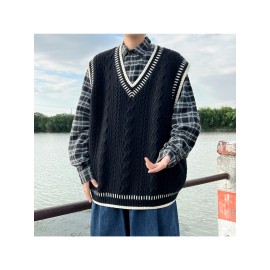 Men'S Preppy Style Cable-Knit Cashmere Vest | Black Cable Texture + Contrast Trim + V-Neck Fit, Oversized Versatile Couple'S Layering Waistcoat, Suitable for Campus Casual Outfits, Fall/Winter Season