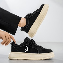 Men'S Thick Sole Skateboarding Shoes, Fashionable Low Top Sneakers, Comfortable Lace-Up Style, Solid Color, Universal Fit, Breathable Fabric Upper, PVC Sole, Ideal for Everyday Wear and Skateboarding