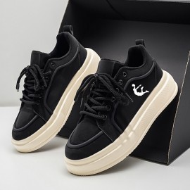 Men'S Thick Sole Skateboarding Shoes, Fashionable Low Top Sneakers, Comfortable Lace-Up Style, Solid Color, Universal Fit, Breathable Fabric Upper, PVC Sole, Ideal for Everyday Wear and Skateboarding