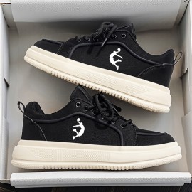 Men'S Thick Sole Skateboarding Shoes, Fashionable Low Top Sneakers, Comfortable Lace-Up Style, Solid Color, Universal Fit, Breathable Fabric Upper, PVC Sole, Ideal for Everyday Wear and Skateboarding