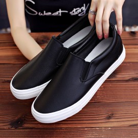 Slip-On White Sneakers for Men, Women & Youth - Unisex PU -like Upper & Rubber Sole Low-Top Casual Shoes, Soft Cushioned, Round Toe Dance-Ready Lazy-On Footwear (No Laces) - Couple Matching Black/White