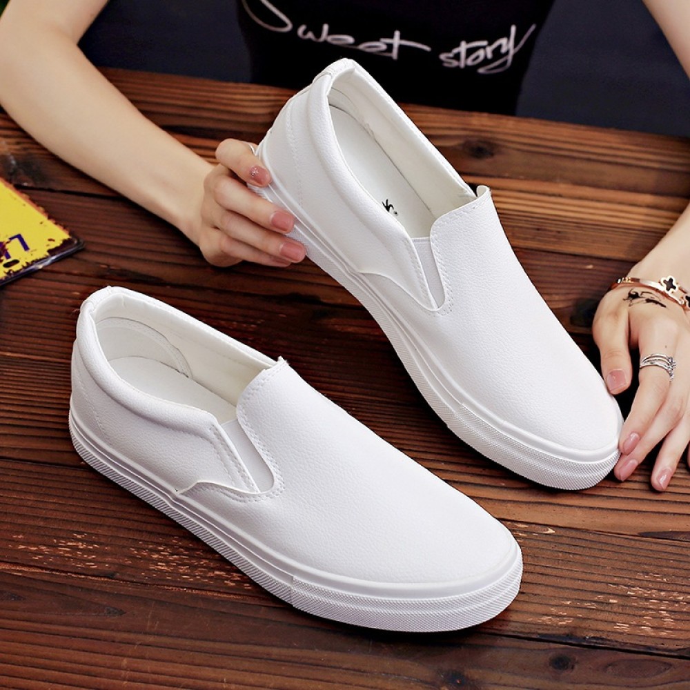 Slip-On White Sneakers for Men, Women & Youth - Unisex PU -like Upper & Rubber Sole Low-Top Casual Shoes, Soft Cushioned, Round Toe Dance-Ready Lazy-On Footwear (No Laces) - Couple Matching Black/White