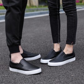 Slip-On White Sneakers for Men, Women & Youth - Unisex PU -like Upper & Rubber Sole Low-Top Casual Shoes, Soft Cushioned, Round Toe Dance-Ready Lazy-On Footwear (No Laces) - Couple Matching Black/White