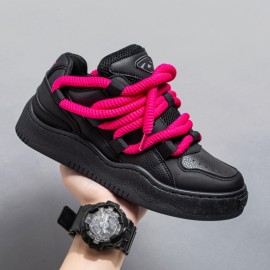 Men'S & Women'S Chunky Platform Sneakers - Korean Retro Style Wide Width Shoes with Thick EVA Sole, Low-Top Round Toe & Lace-Up Closure, /Pink Colorway - All-Match Casual Footwear for Spring/Fall, Versatile for Everyday & Statement Outfits
