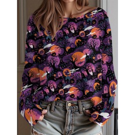 Plus Size, Women's Plus Size Oversized Off-the-Shoulder Sweater - Turquoise Blue, Orange, Black & White Bat Print Lightweight Sweater, Cute Bat Wing Collar & Boat Neck, Machine Washable Cozy Fall/Spring Sweater for Halloween, Christmas, Casual