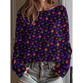 Plus Size, Women's Plus Size Oversized Off-the-Shoulder Sweater - Turquoise Blue, Orange, Black & White Bat Print Lightweight Sweater, Cute Bat Wing Collar & Boat Neck, Machine Washable Cozy Fall/Spring Sweater for Halloween, Christmas, Casual