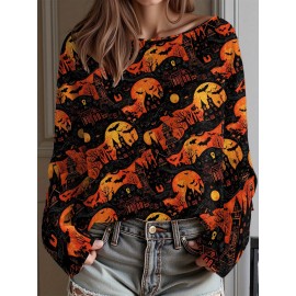 Plus Size, Women's Plus Size Oversized Off-the-Shoulder Sweater - Turquoise Blue, Orange, Black & White Bat Print Lightweight Sweater, Cute Bat Wing Collar & Boat Neck, Machine Washable Cozy Fall/Spring Sweater for Halloween, Christmas, Casual