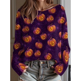 Plus Size, Women's Plus Size Oversized Off-the-Shoulder Sweater - Turquoise Blue, Orange, Black & White Bat Print Lightweight Sweater, Cute Bat Wing Collar & Boat Neck, Machine Washable Cozy Fall/Spring Sweater for Halloween, Christmas, Casual