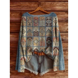 Plus Size, Women's 1970s Bohemian Topwear Vintage Round Neck Topwear with Multi-Color Floral Print (Pink/Yellow/Blue/Green/Brown/White/Black) | Machine Washable All-Season Layering Piece for Casual & Dressy Outfits