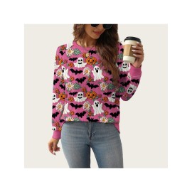 Plus Size - A/W New Ghost Pumpkin Sweater | Halloween Plus Size, Crew Neck, Elegant Style, Slight Stretch Fabric