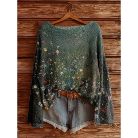 Plus Size - Women'S Fashion Off-the-Shoulder, One-Shoulder, and Boat Neck Sweaters-Women'S Oversized SweatersLoose Print Women'S Sweater- Long Sleeve Round Neck Top, Comfortable for Autumn and Winter, Breathable Loose Design