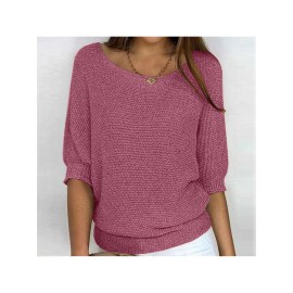 Plus Size - Women'S Plus Size Elegant European & American Style Solid Color Sweater - Loose Fit Round Neck 7/8 Sleeve Winter Warm Pullover, Soft Stretchy Round Neck Top for Fall & Winter, Office, Semi-Formal & Casual Attire