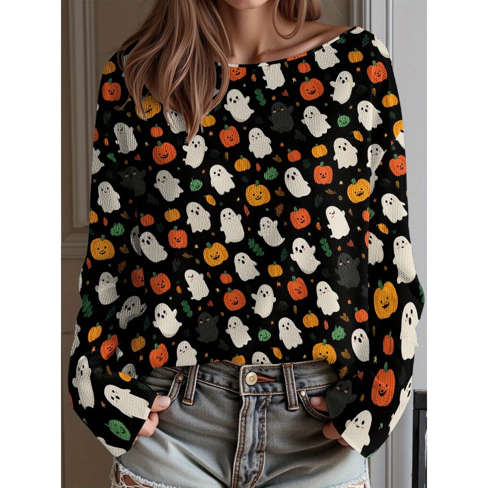 Plus Size - Women'S Fashion Off-the-Shoulder, One-Shoulder, and Boat Neck Sweaters-Personalized oversized sweater Halloween Party Women Sweater Soft Loose Pullover Thin Material Wearing During Trick-or-Treating Comfortable and Festive Atmosphere