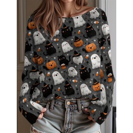 Plus Size - Women'S Fashion Off-the-Shoulder, One-Shoulder, and Boat Neck Sweaters-Personalized oversized sweater Halloween Party Women Sweater Soft Loose Pullover Thin Material Wearing During Trick-or-Treating Comfortable and Festive Atmosphere